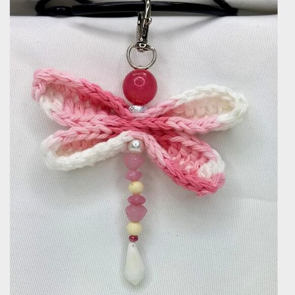 Crochet Dragonfly Bag Charm Hand Crafted Vintage Beaded Purse Keychain Pink NEW - Picture 5 of 10